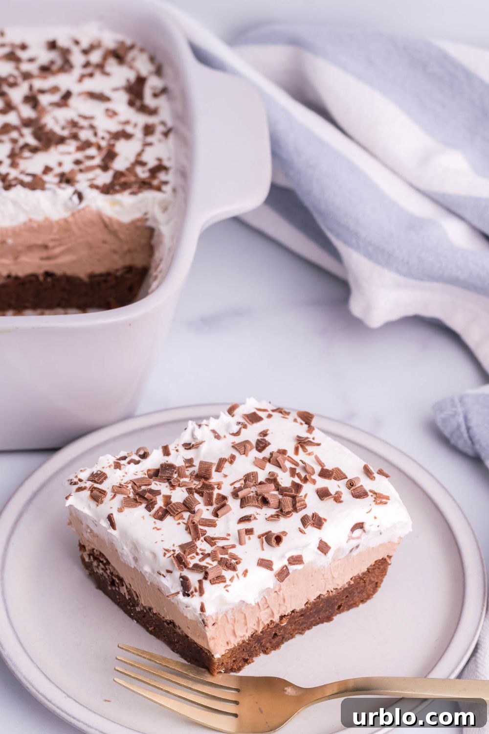 French Silk Brownie in pan and then a sliced brownie on plate on counter 