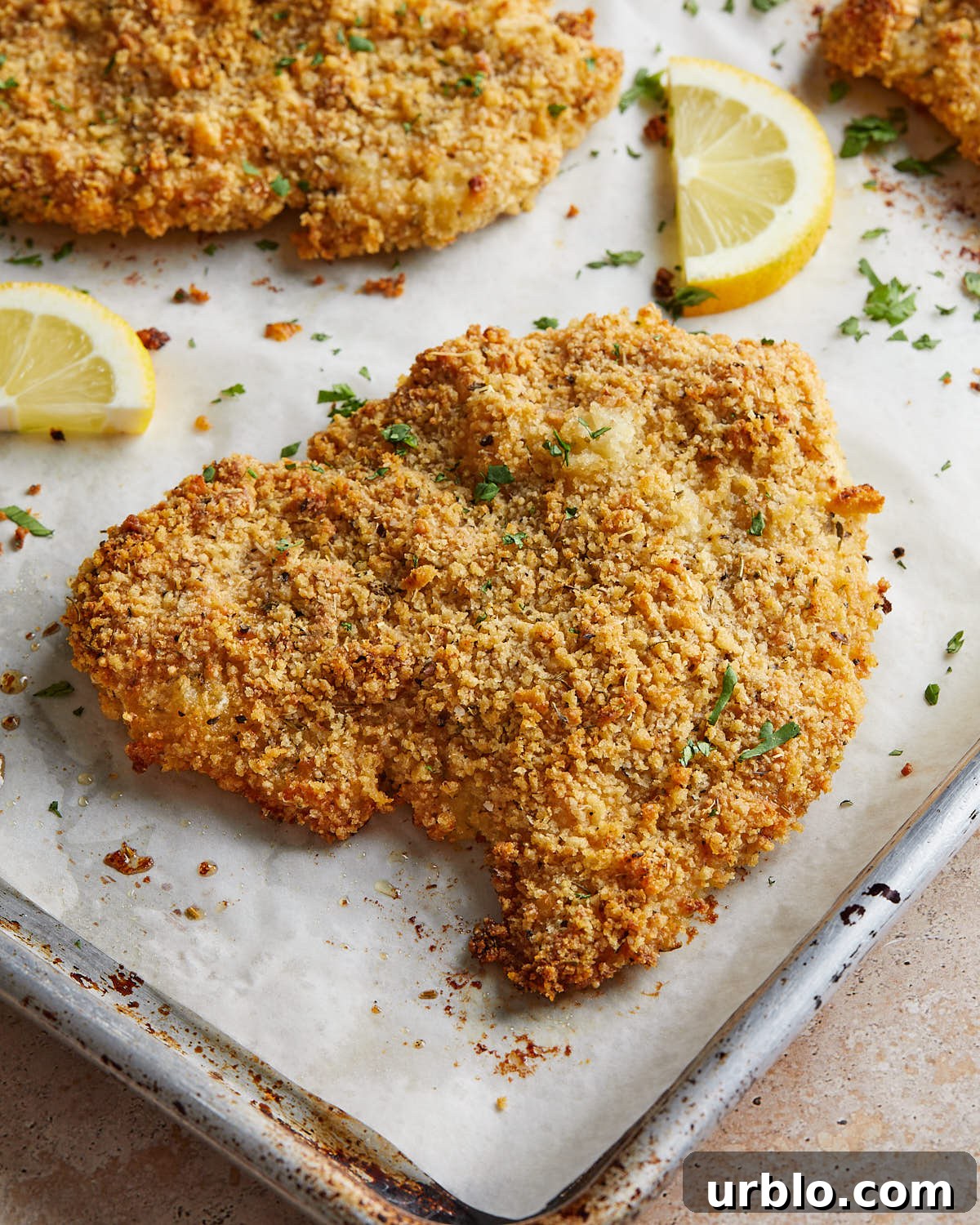 Up close image of baked chicken cutlet with garnish. 