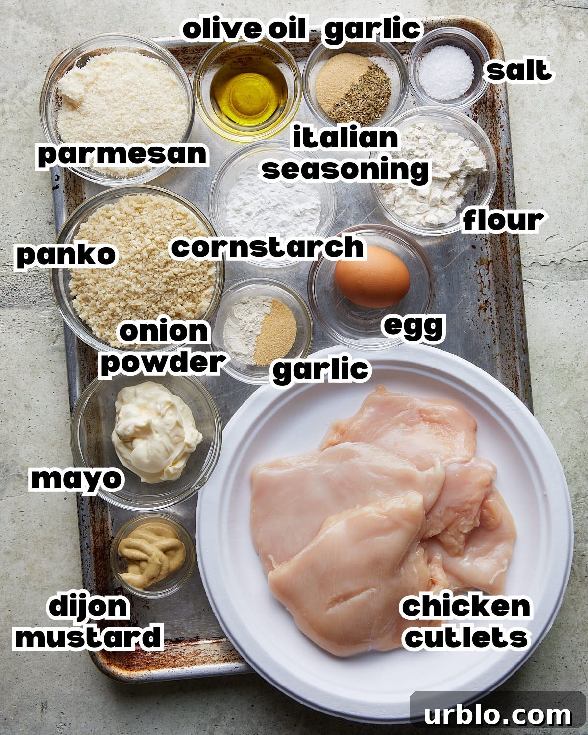 Overhead image of ingredients needed to make baked chicken cutlets. 