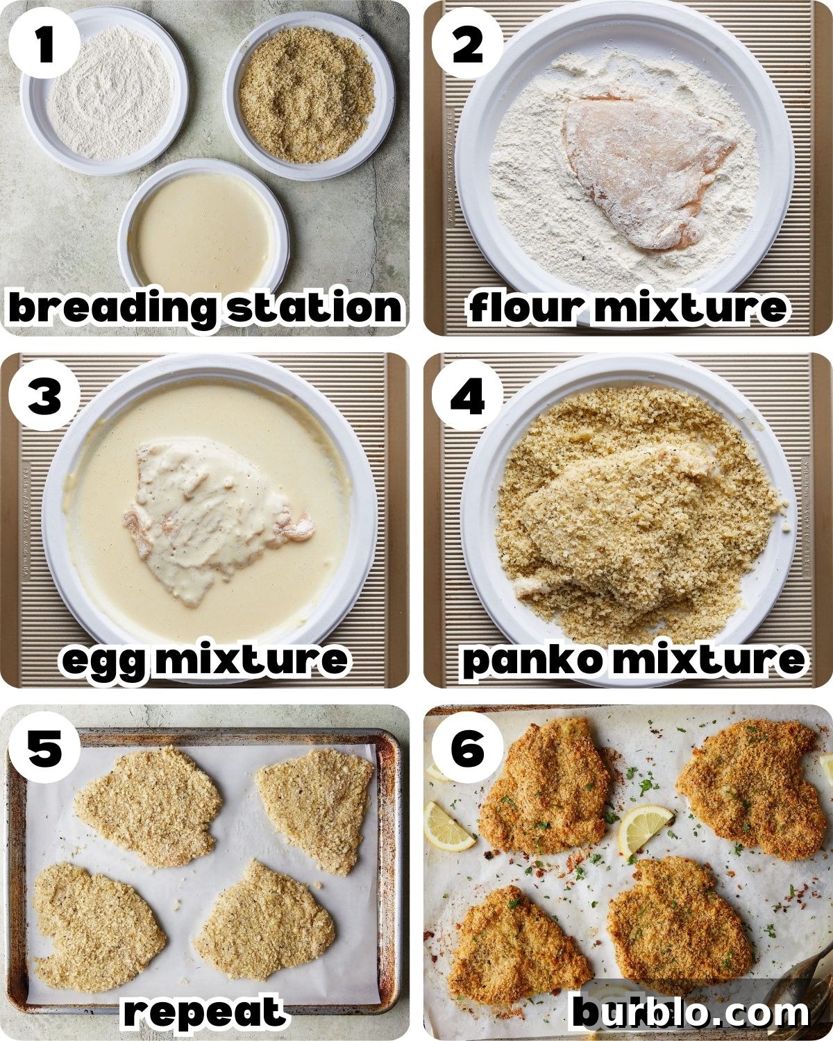 A six photo collage showing the steps for baked chicken cutlets. 