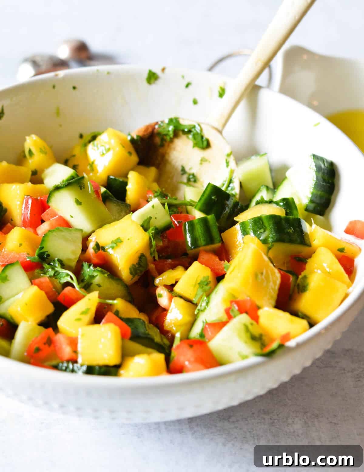 a bowl of mango salad with mango, cucumber, and red bell pepper.