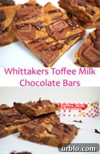 Whittakers Toffee Milk Chocolate Bars. Soft, dense and chewy toffee slice with chocolate chips and Whittakers Toffee Milk Chocolate pieces throughout. Topped with more Whittakers Toffee Milk Chocolate pieces and melted chocolate! Recipe on Lights, Camera, BAKE! #WhittakersToffeeMilkBlock #toffeebars #chocolatetoffeeslice #softtoffeebars #milkchocolatebars