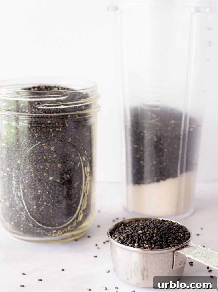 Combining ingredients for the black sesame filling in a blender.