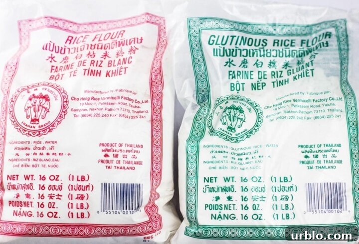 Rice flour in red bag on the left and glutinous rice flour in green bag on the right.