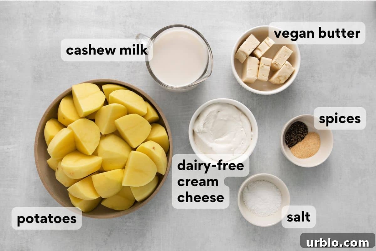 dairy-free mashed potato ingredients measured and labeled.