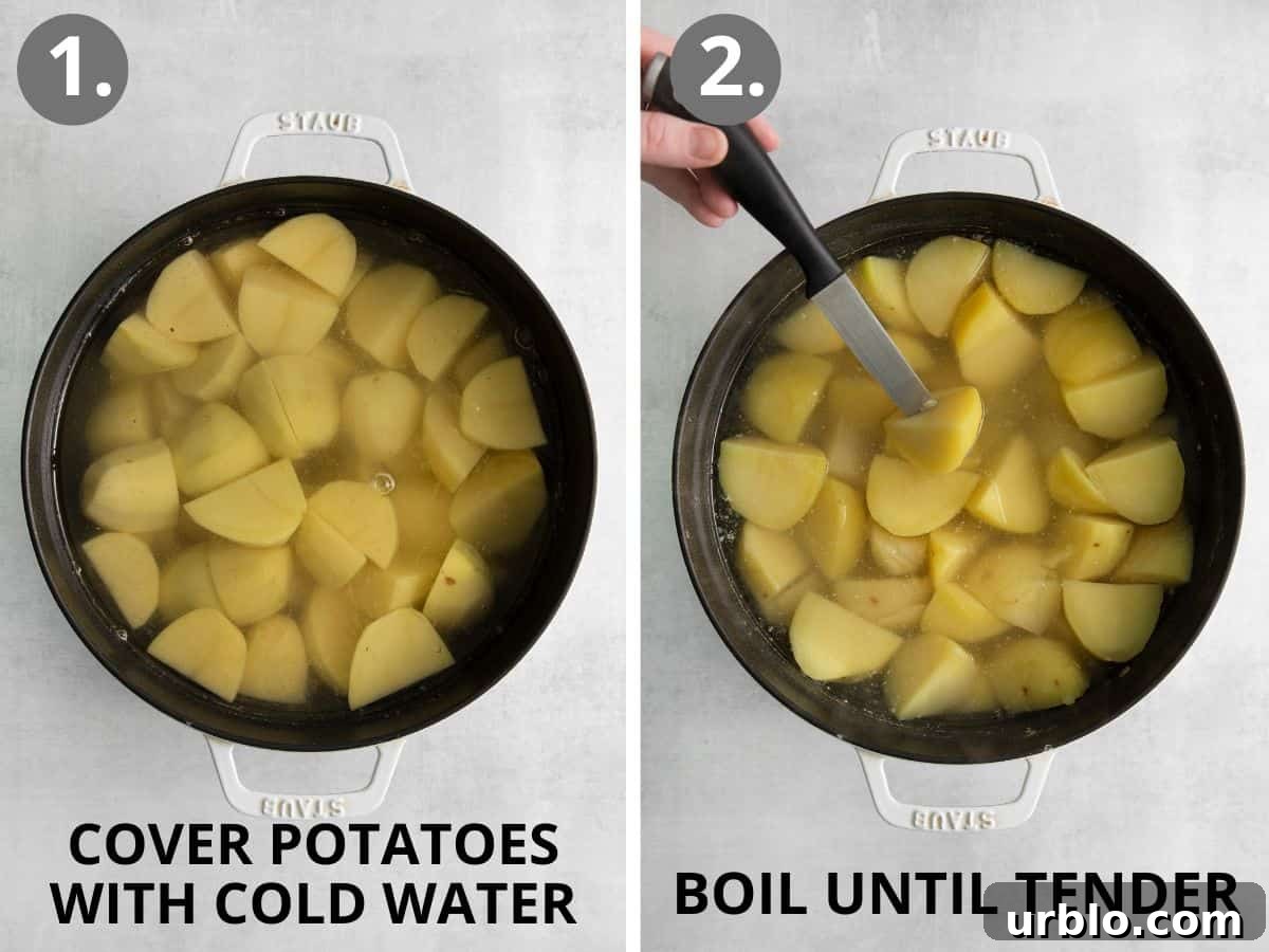 Potatoes in a pot with cold water, and boiled potatoes with a fork stuck in one of them.