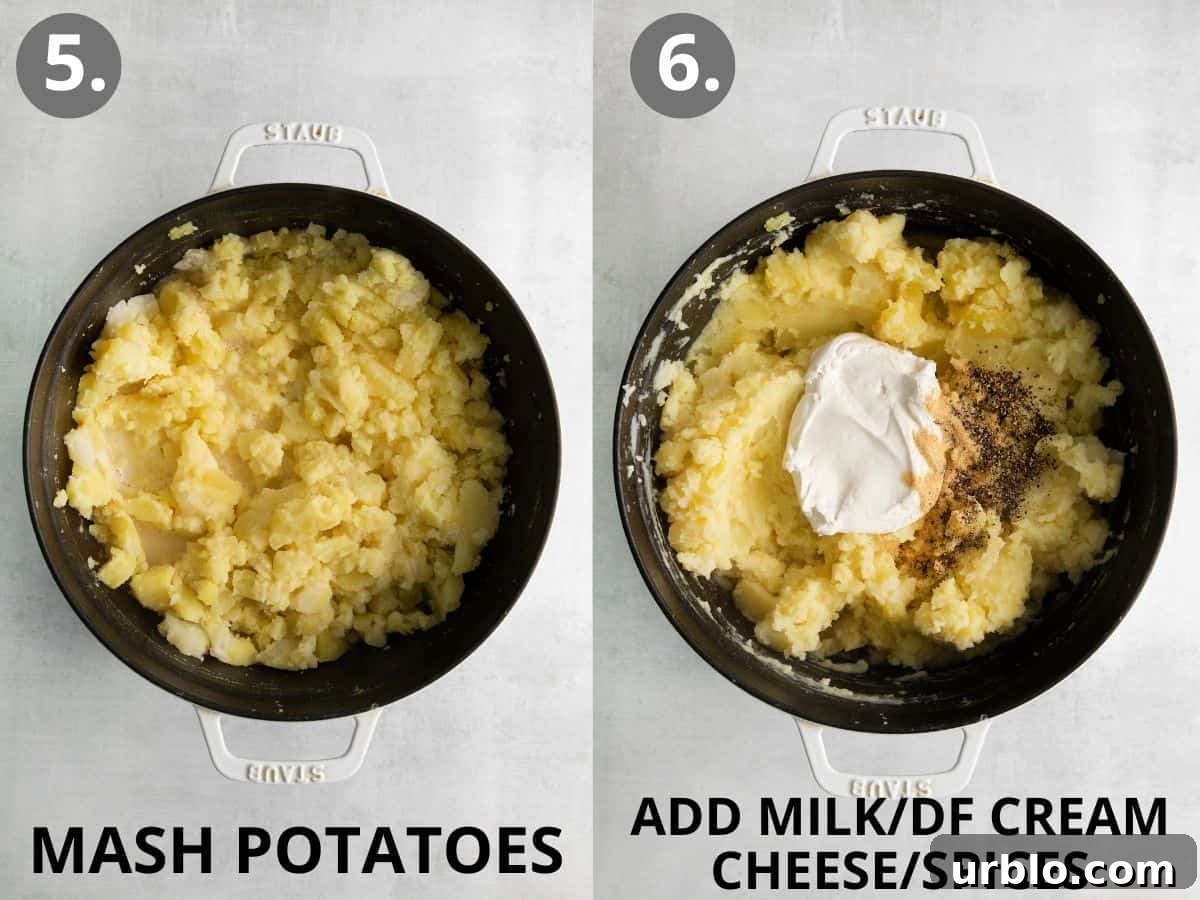 Mashed potatoes in a pot, and mashed potatoes with milk and spices on top.