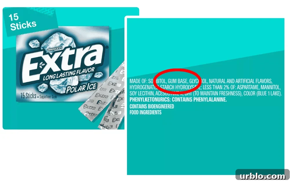 A picture of Wrigley's Extra Long Lasting Flavor gum, highlighting the ingredients with a red circle around the word 'Gum Base.'