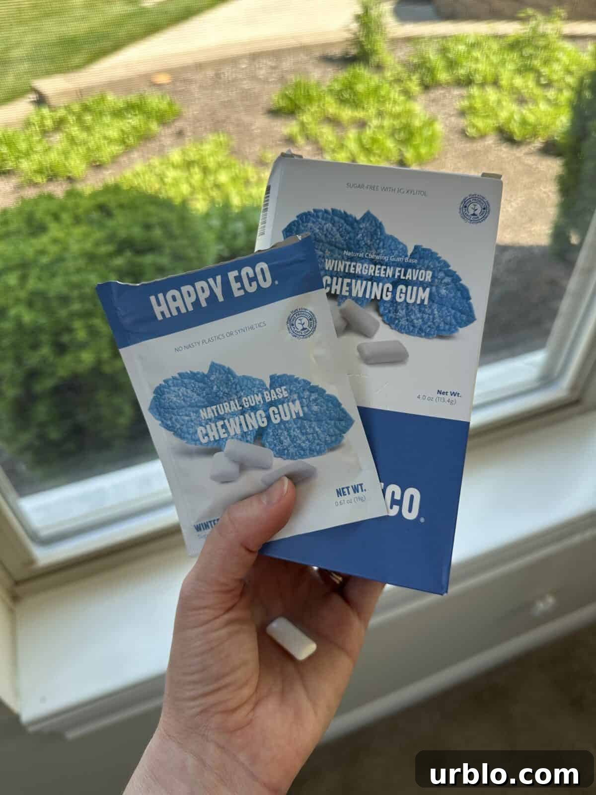 a person holding a plastic-free chewing gum from Happy Eco