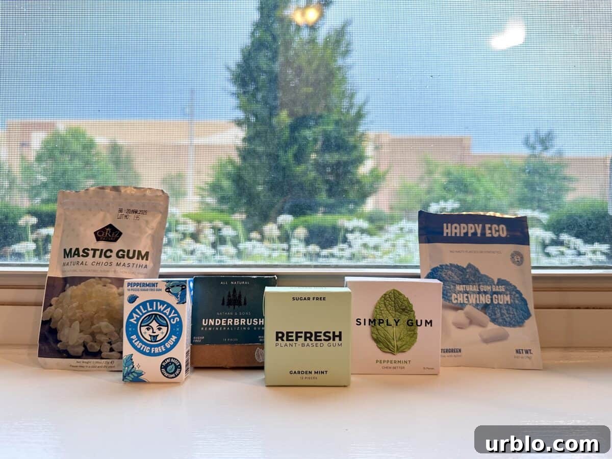 A lineup of six different brands of plastic-free gums