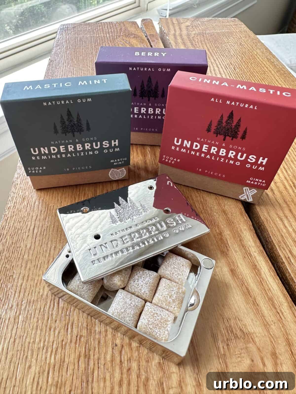 Four different flavors of Nathan & Sons Underbrush Remineralizing Gum