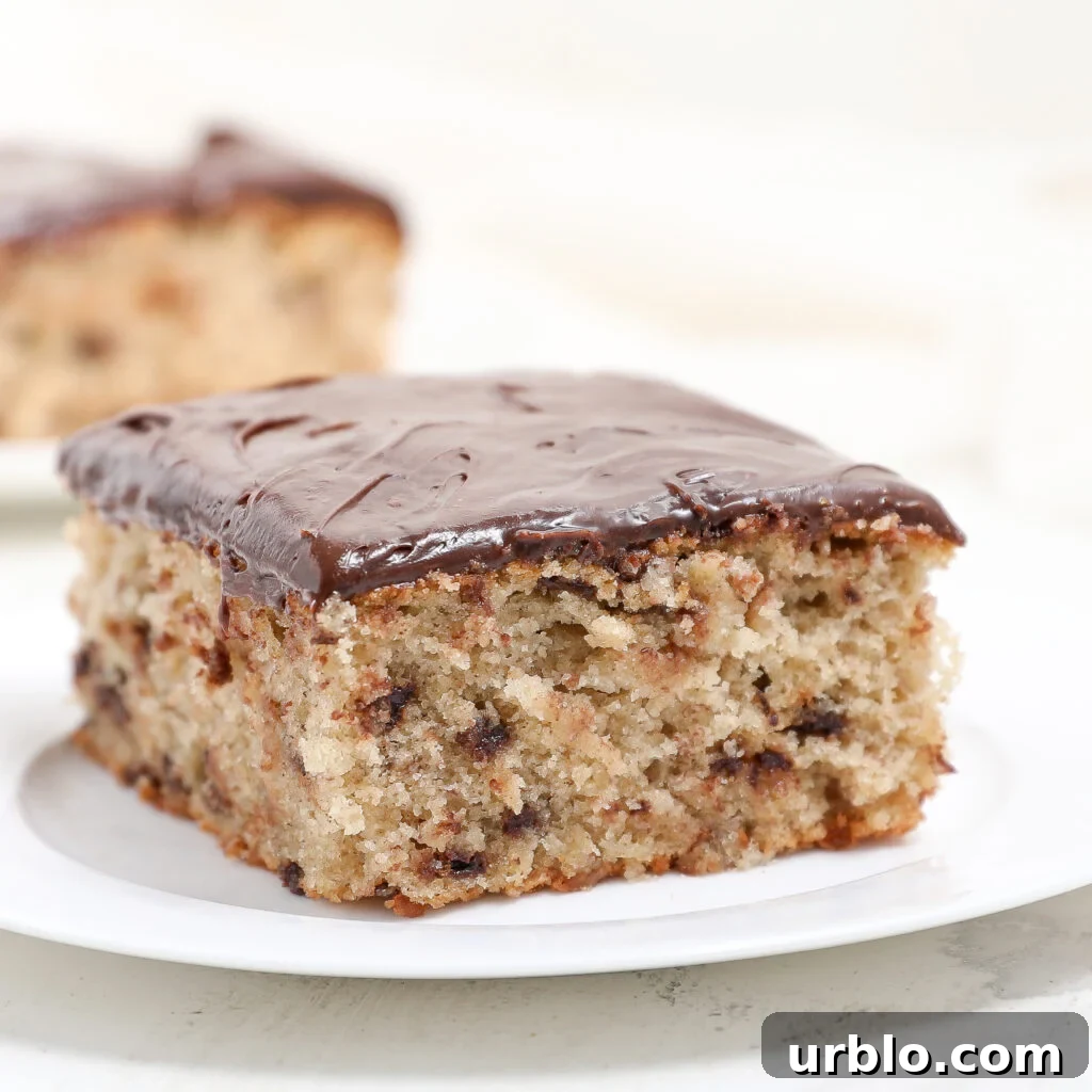 A square slice of moist Banana Chocolate Chip Snack Cake, topped with a smooth layer of chocolate frosting, sits on a white plate. Another slice is blurred in the background.