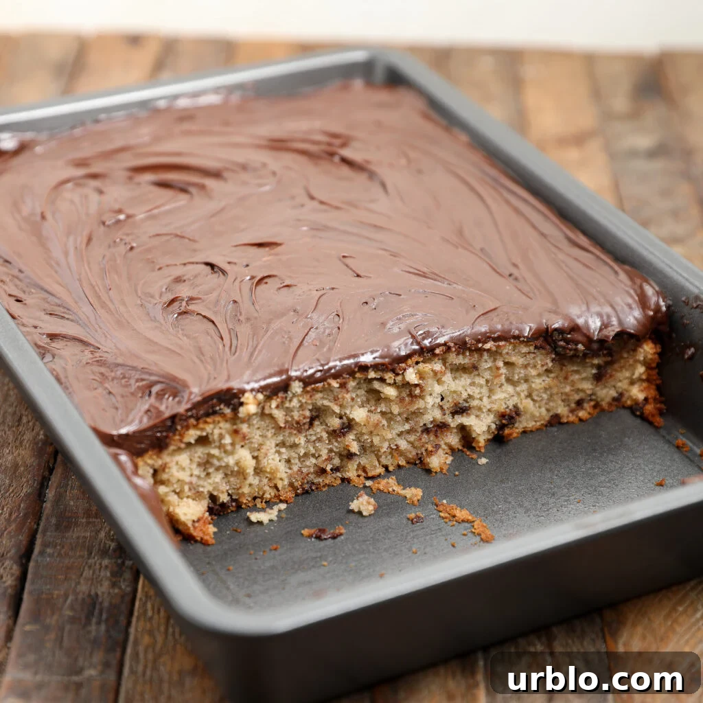 A Banana Chocolate Chip Snack Cake with chocolate frosting sits in a baking pan on a wooden surface, several pieces missing to reveal its moist, speckled interior.