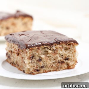 A square slice of moist Banana Chocolate Chip Snack Cake, topped with a smooth layer of chocolate frosting, sits on a white plate. Another slice is blurred in the background.