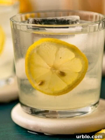 A cocktail garnished with a lemon slice on a white coaster.