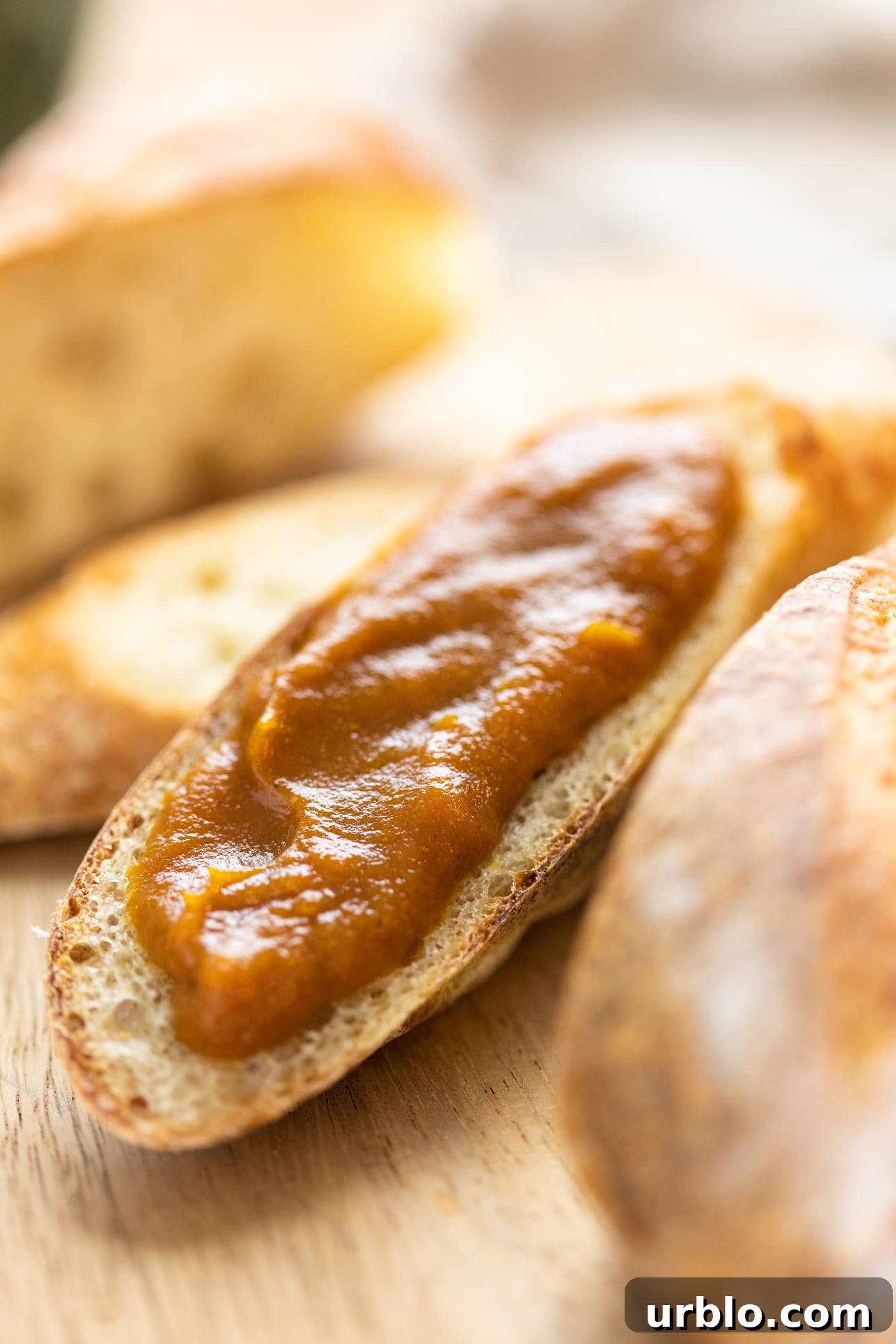 Close up view of brown colored pumpkin apple butter spread on top of piece of French toast sitting on wood cutting board