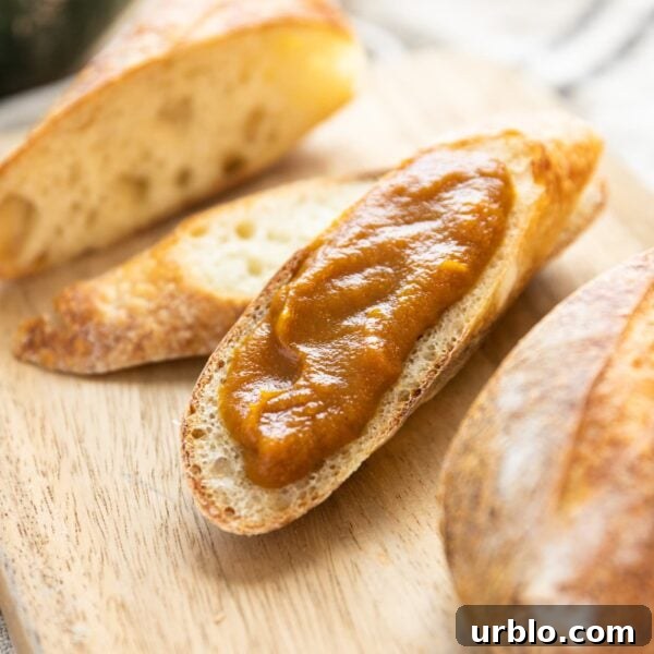 Slice of French bread spread with brown colored pumpkin apple butter with extra bread pieces around sitting on wood cutting board