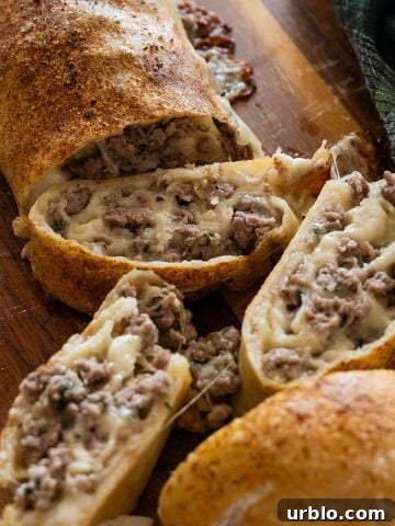 Italian sausage bread cut open