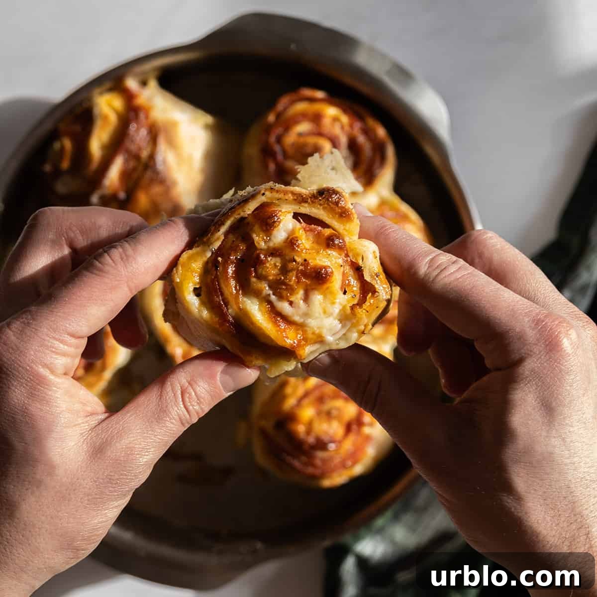 holding a pepperoni stromboli