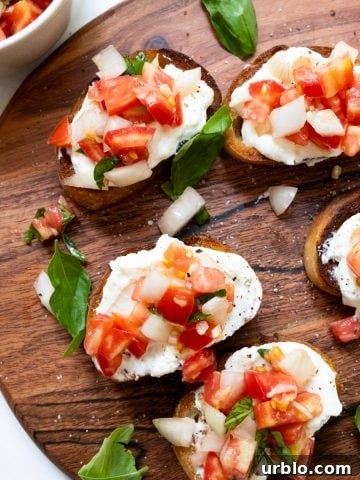 ricotta bruschetta toast with basil garnish