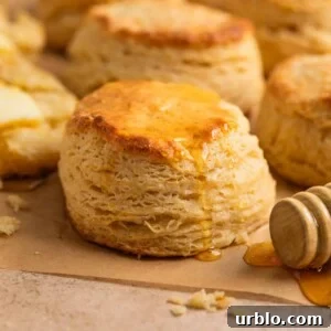 Simple honey biscuits on tan parchment with honey drizzling over top with honey dipper stick beside it.