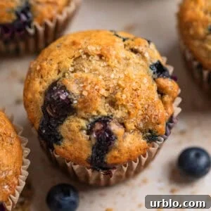 Blueberry muffin with coarse sugar on top and crumbs and berries surrounding.