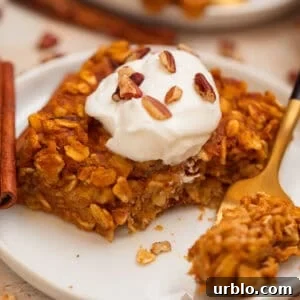 Slice of pumpkin oatmeal bake topped with yogurt and chopped pecans.