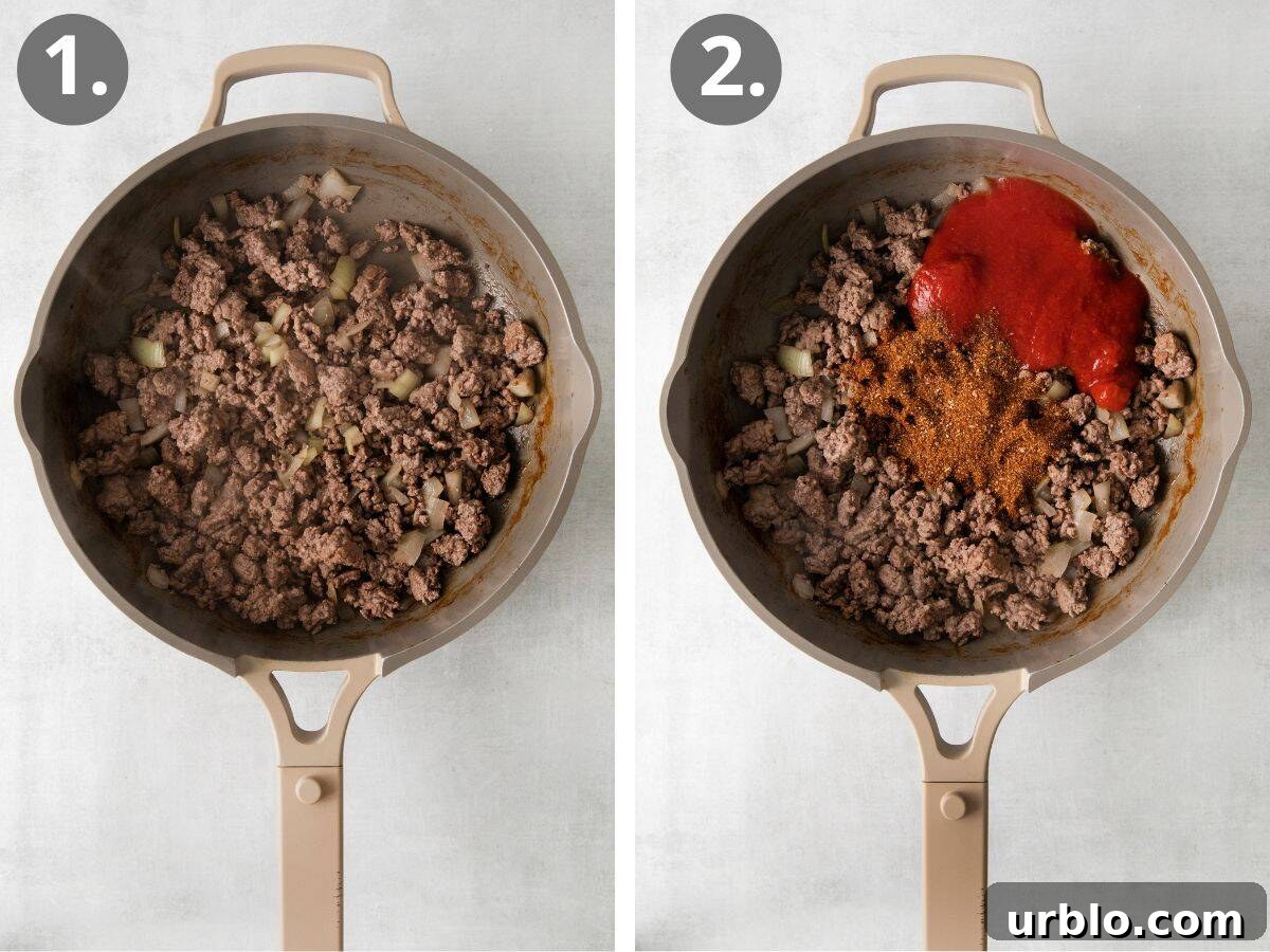 steps 1 and 2 cook the meat and add the sauce and seasoning.