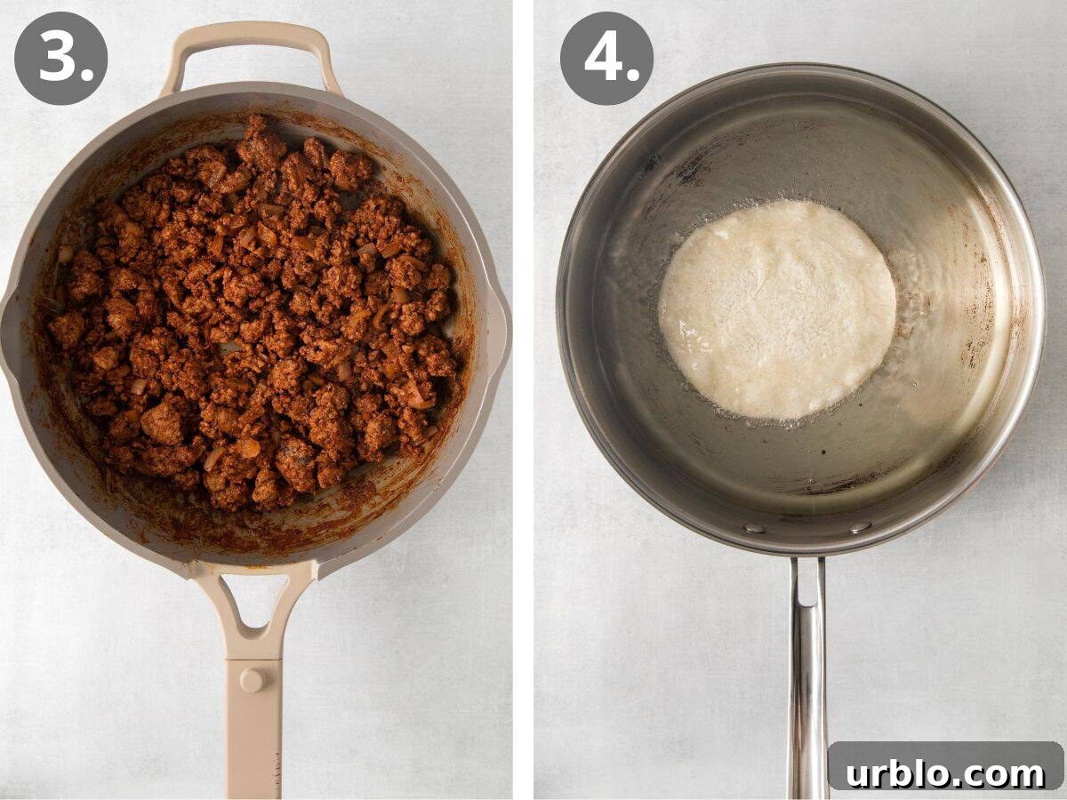 steps 3 and 4 simmer the seasoned meat and fry the corn tortillas.