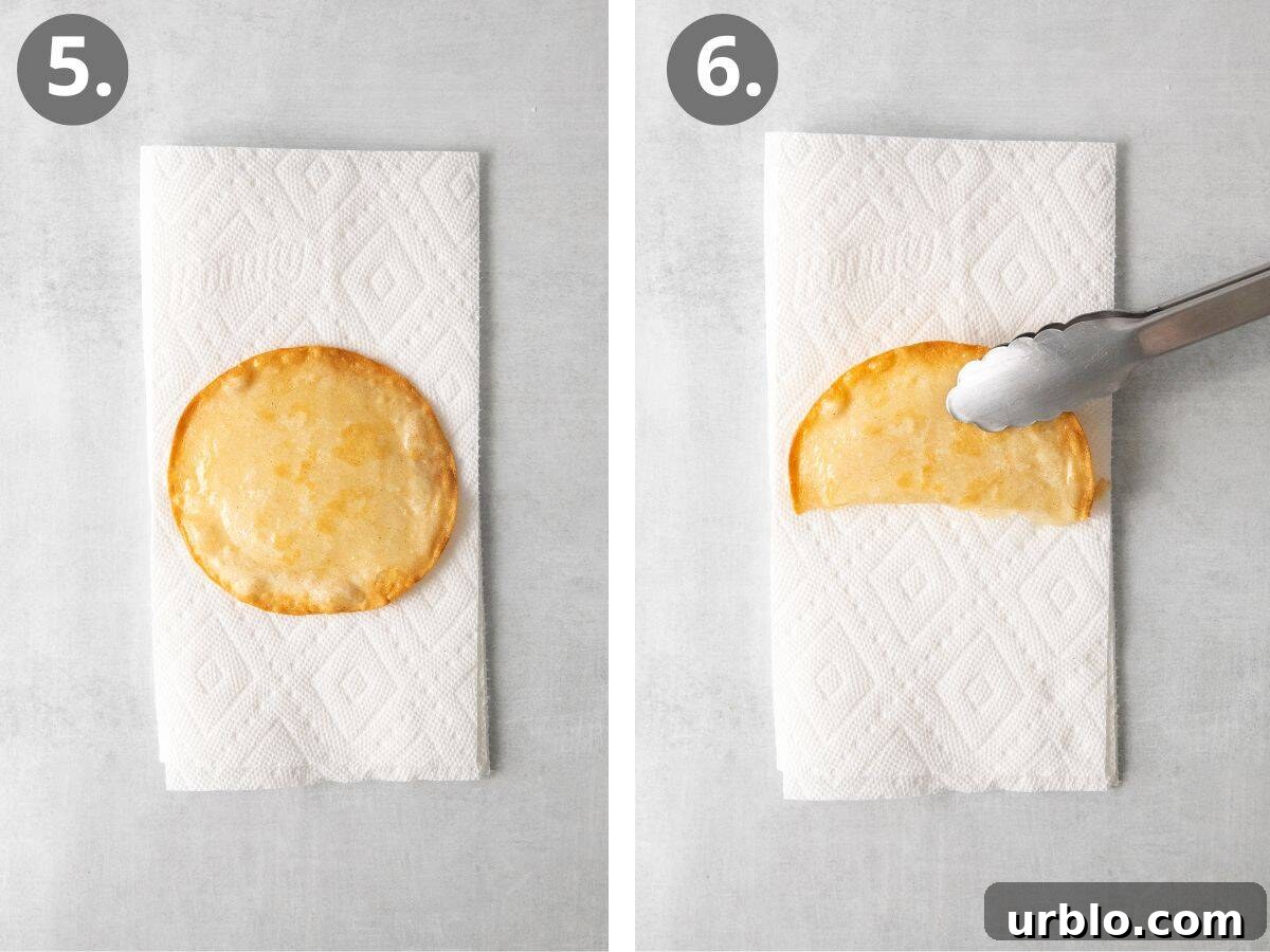 steps 5 and 6 remove excess grease and fold into shells with tongs.
