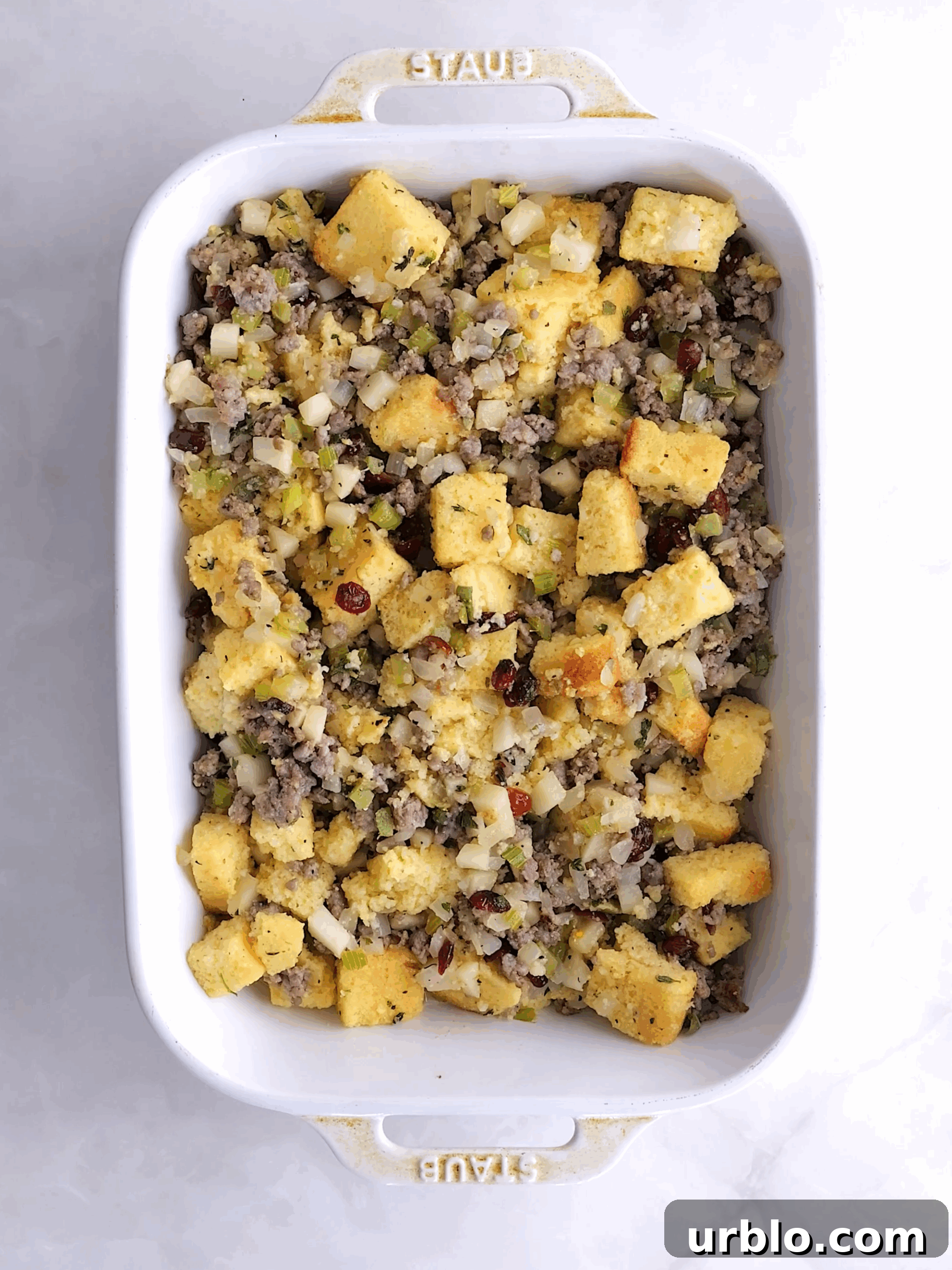cornbread dressing in a baking dish