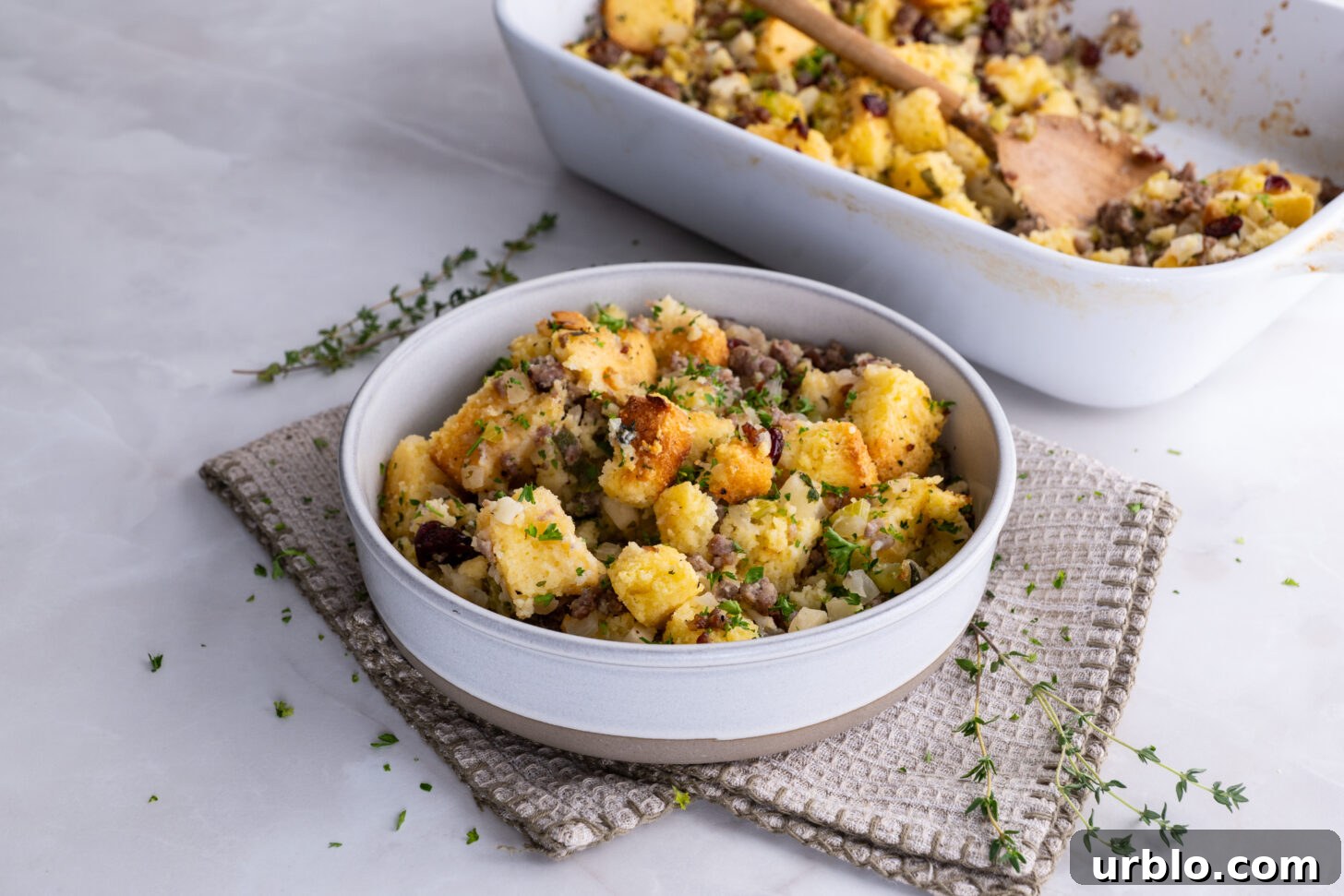 cornbread dressing in a bowl