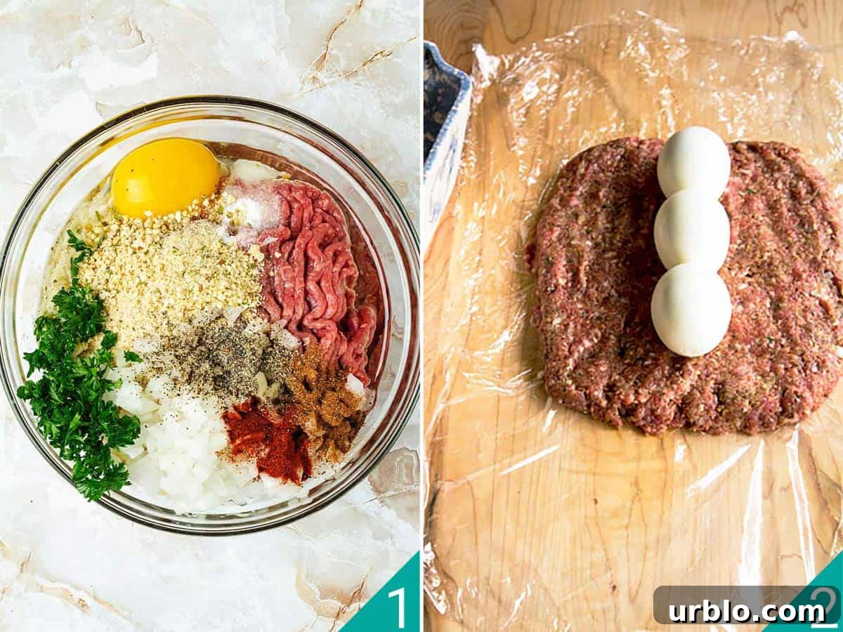 Two photo image of ingredients in a bowl and the meat mixture topped with cooked eggs.