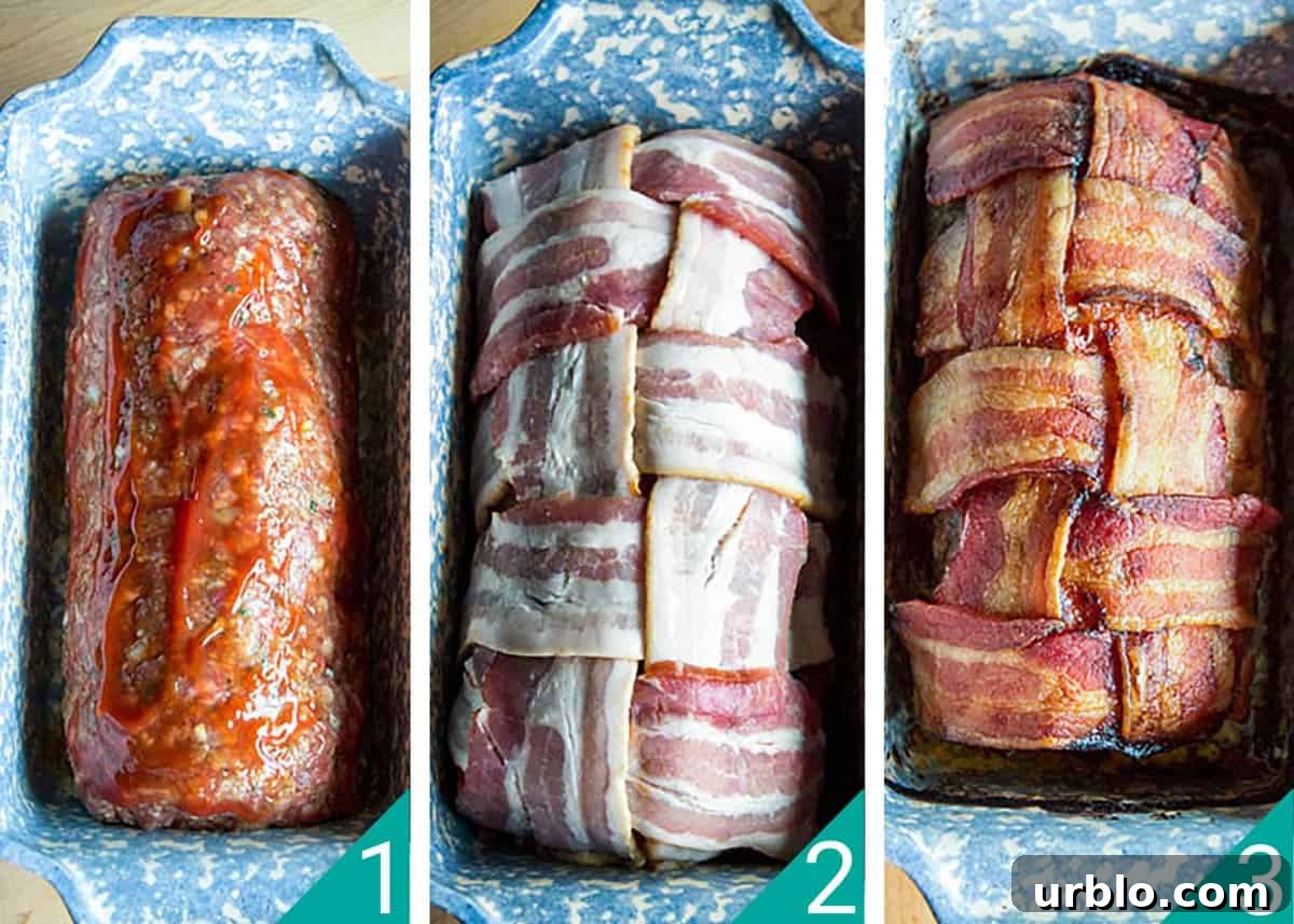Three photo image of the meatloaf loaf in the pan covered in ketchup mixture, then bacon lettuce, and shown baked.