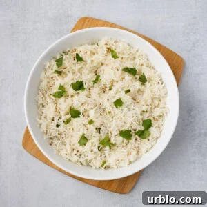 An overhead image of quick jeera rice in a serving bowl.