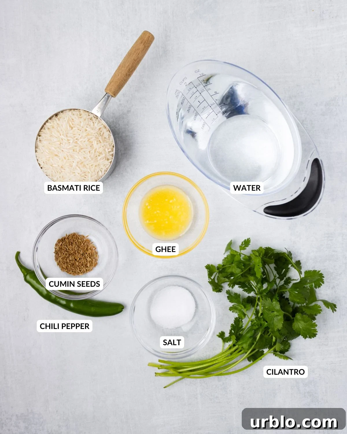 An overhead image of the ingredients of jeera rice.