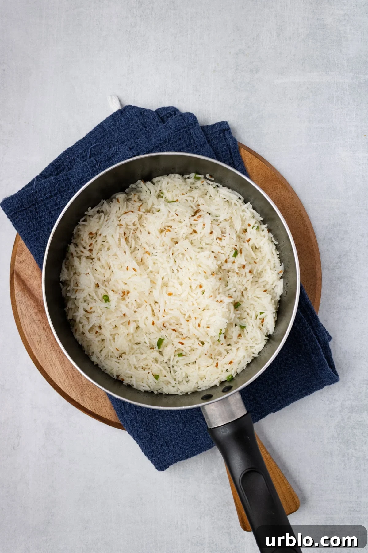An overhead image of cooking the jeera rice.