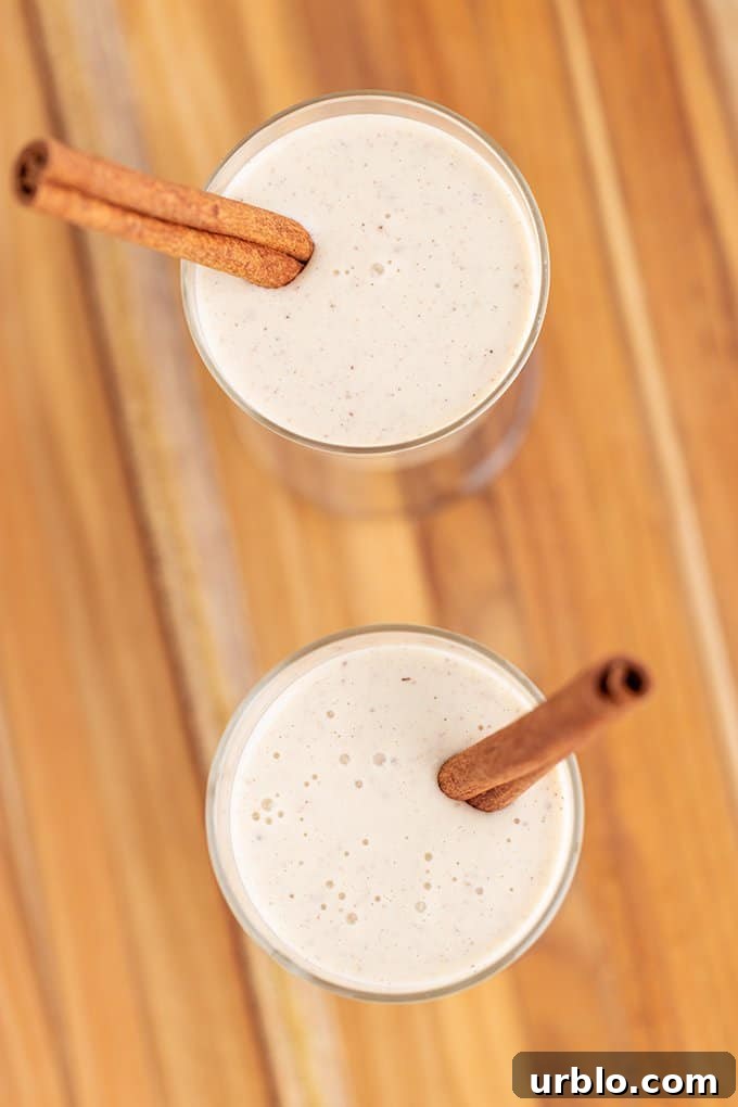 overhead view of the eggnog in glasses with a cinnamon stick