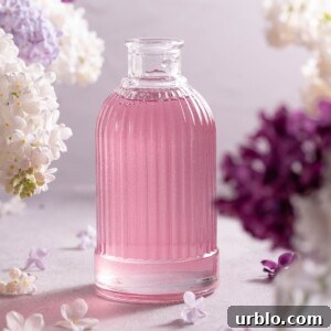 A small glass bottle filled with light purple lilac syrup