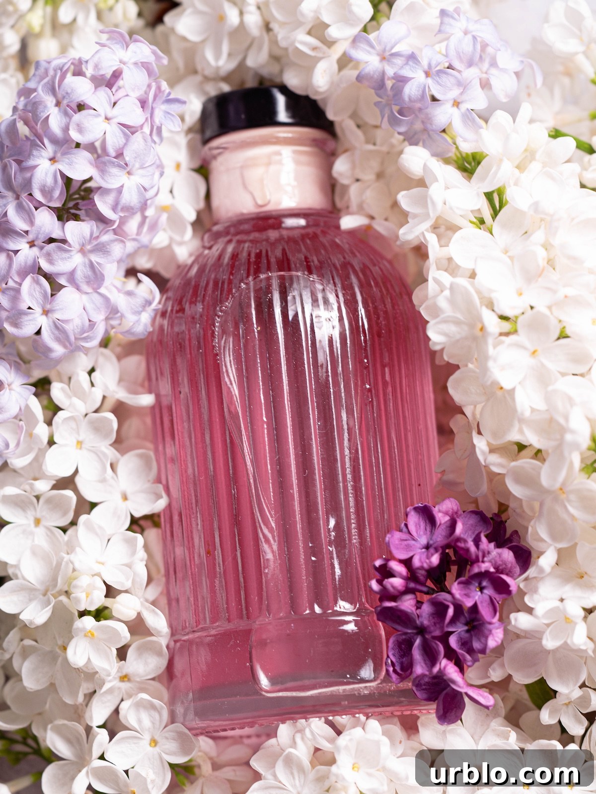 A bottle of lilac syrup surrounded by fresh lilac flowers
