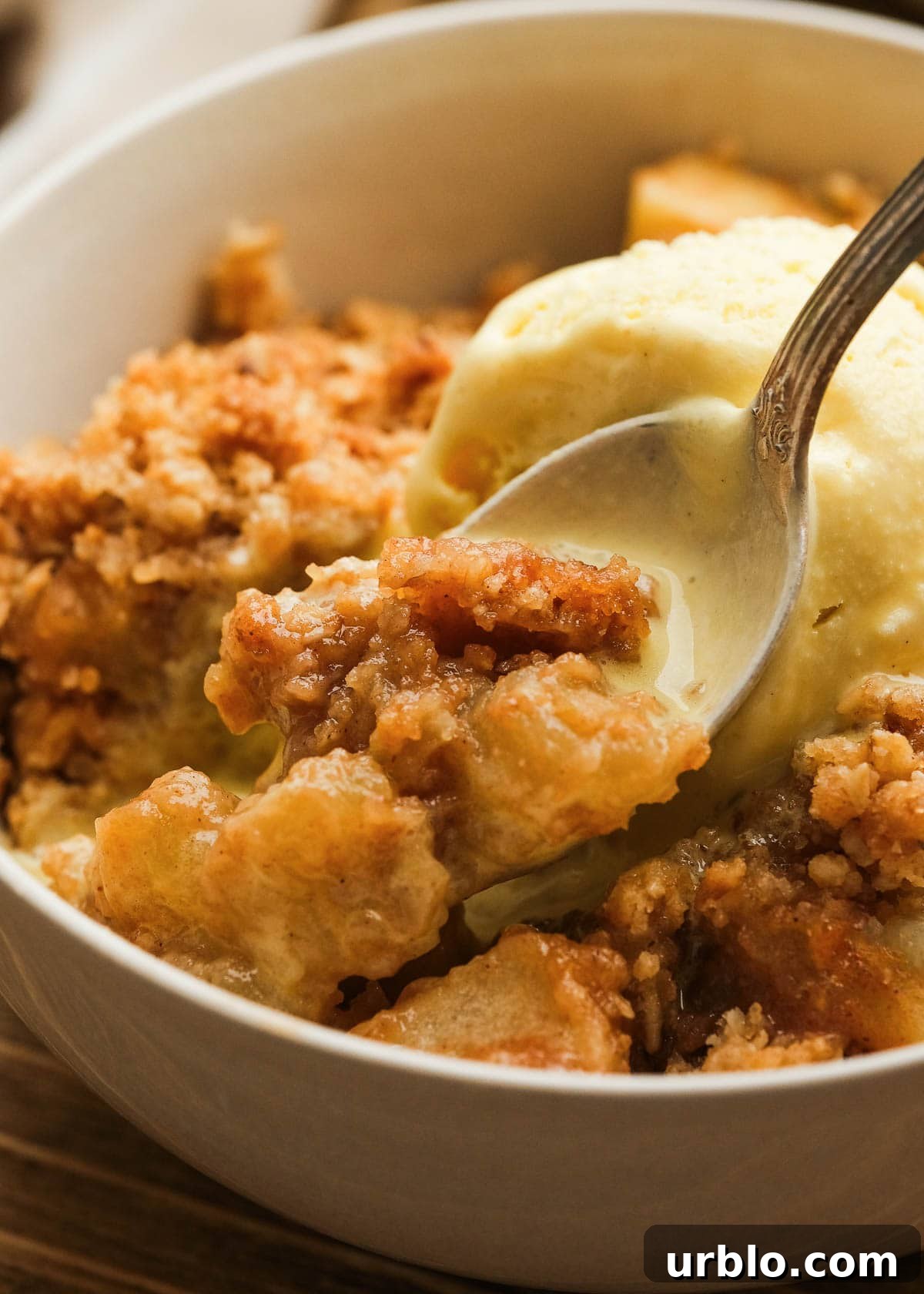 close up image of a spoonful of apple crisp and ice cream in white bowl