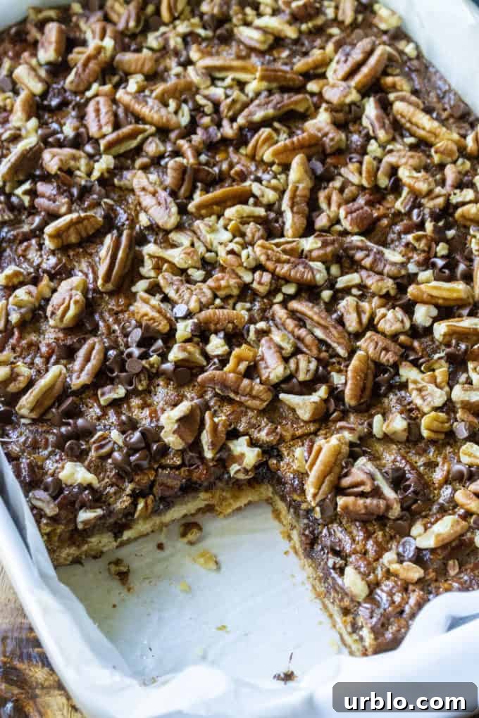Chocolate Pecan Pie Bars in a pan!