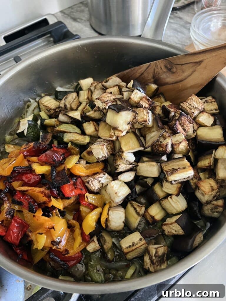 Pan of all caponata ingredients about to be mixed together, with wooden spoon.