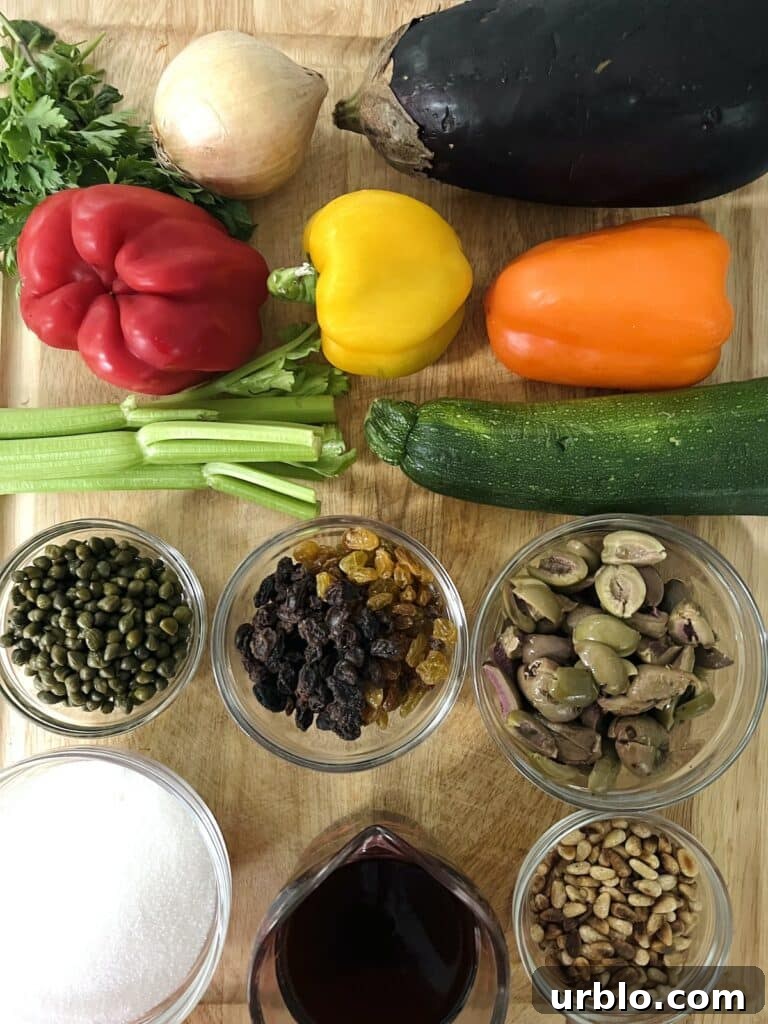 Ingredients for Roasted Vegetable Caponata without tomatoes.