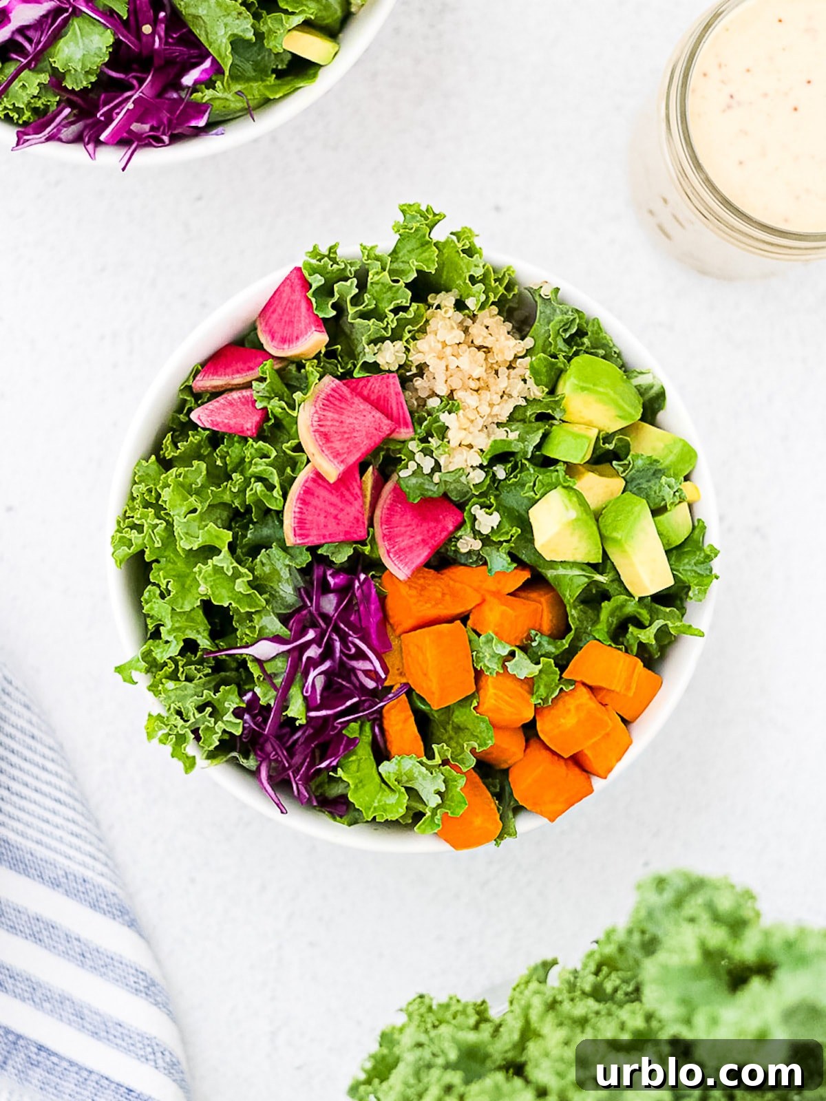 A white bowl filled with prepared kale, pink radishes, sliced avocado, roasted and diced orange sweet potatoes, sliced red cabbage, and cooked quinoa.