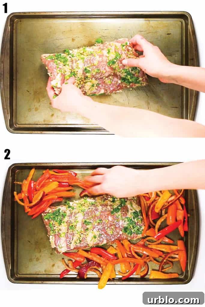2 pictures of preparing the pan to cook cilantro lime sheet pan fajitas
