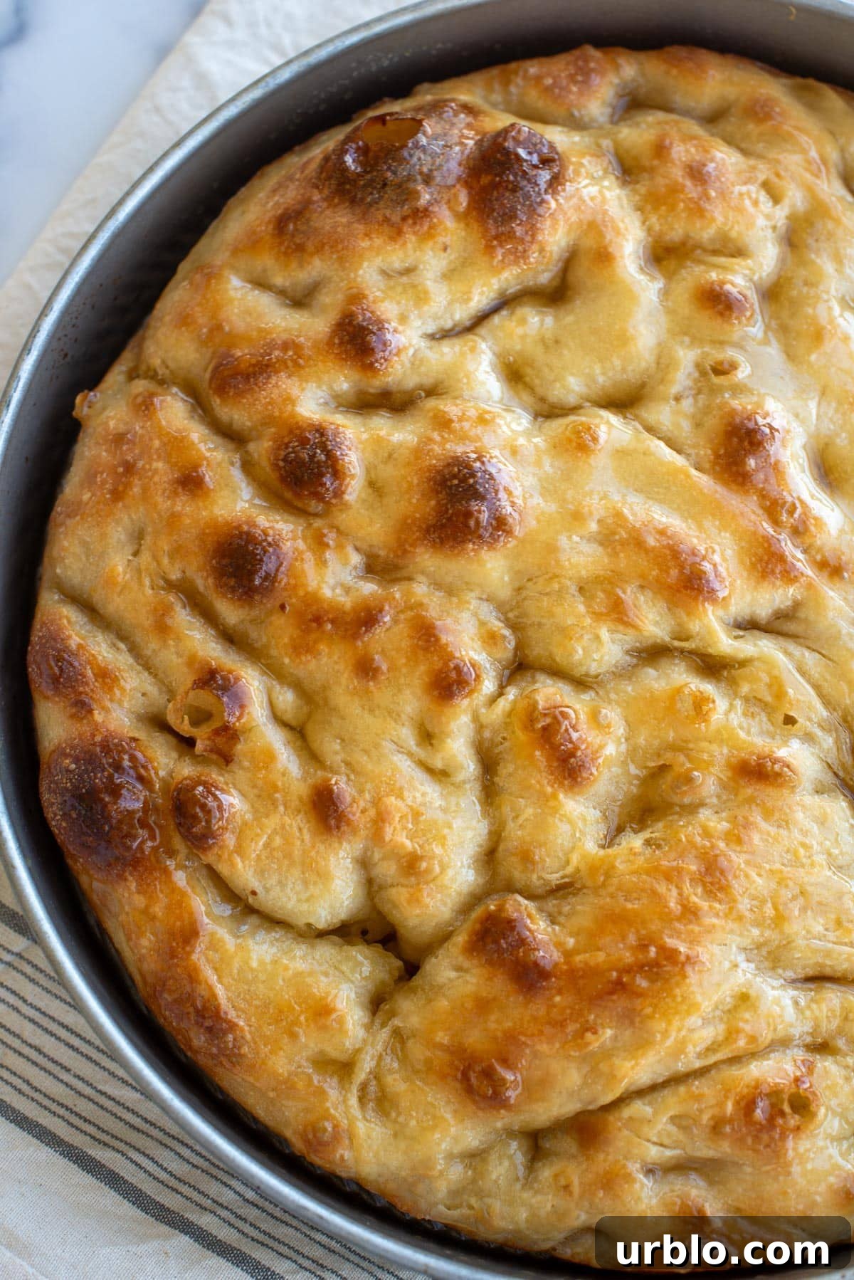 Honey Butter Sourdough Focaccia in a round pan on a countertop.