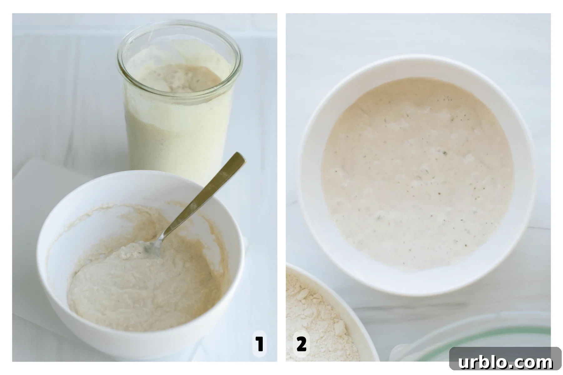 Two pictures show a bowl with sourdough levain mixing up and bubbling.
