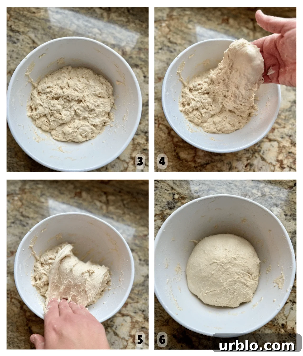 Four pictures show a bowl with dough and hands stretching and folding the dough.