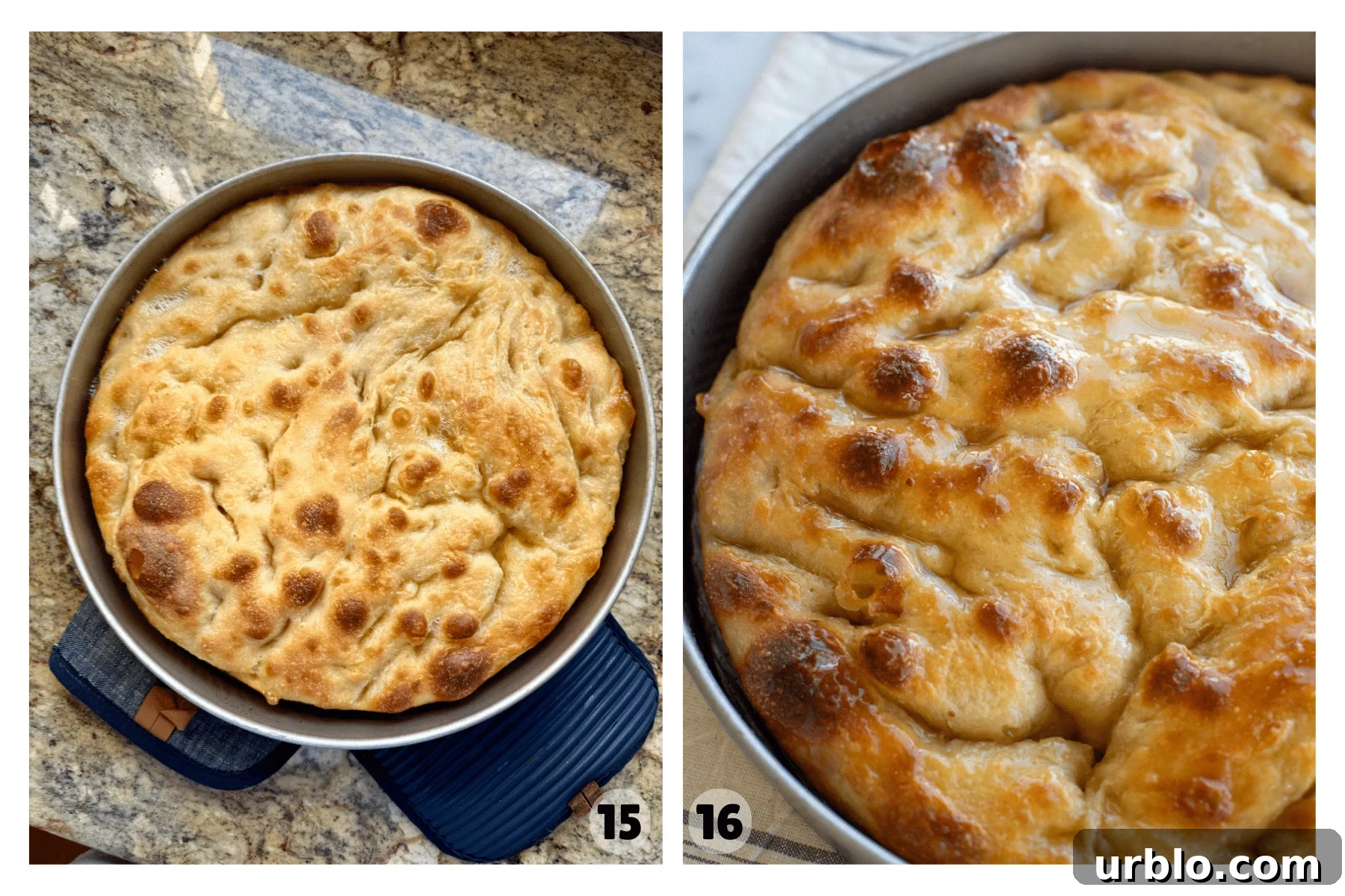 Baked honey butter sourdough focaccia on a hot pad in one photo and the other photo showing the glazed focaccia.